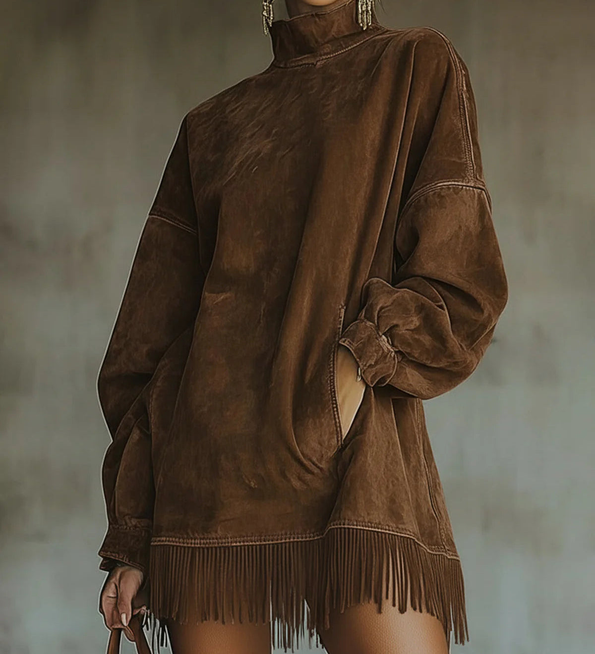 Amálie | semišové šaty s vysokým límcem a třásněmi