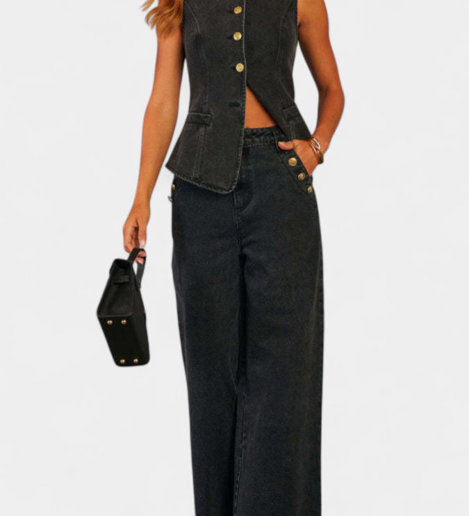 Ludovica Denimový komplet s úzkou wore a džíny s širokými nohami