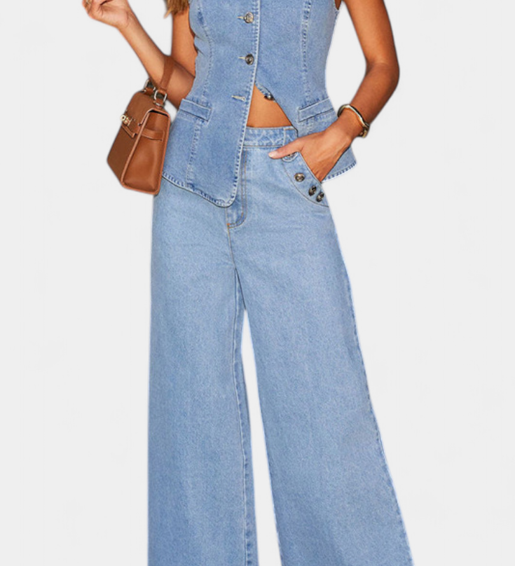 Ludovica Denimový komplet s úzkou wore a džíny s širokými nohami