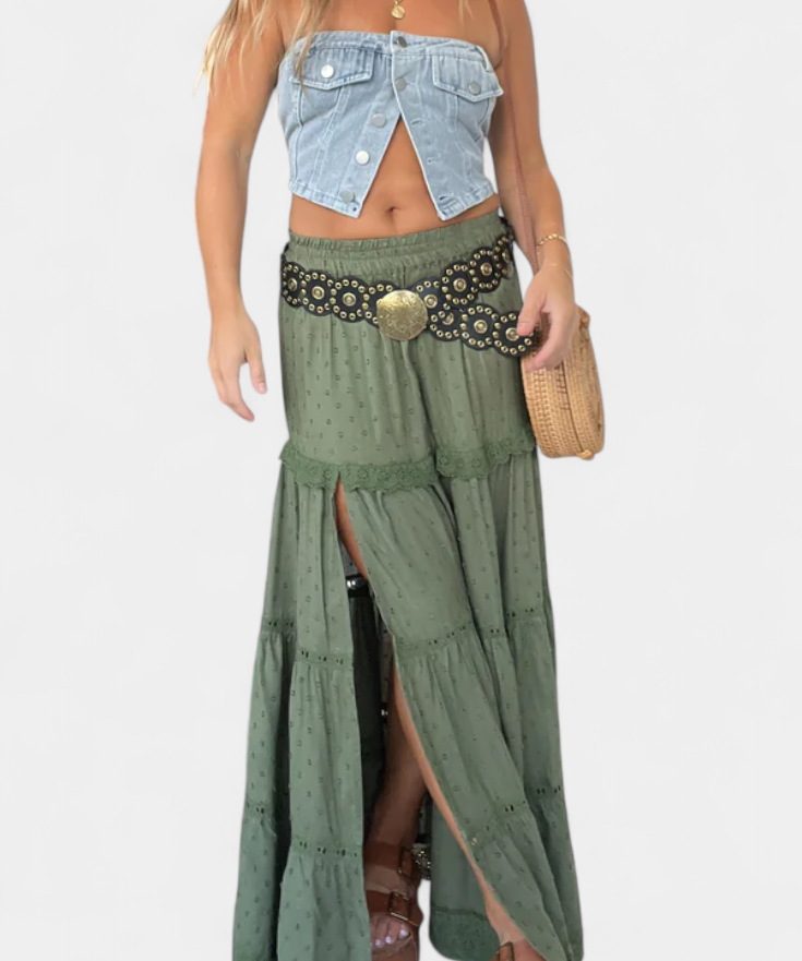 Dola - Maxi sukně ve stylu boho s krajkou a předním rozparkem
