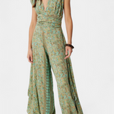 Leandra - Overal s překříženým výstřihem, splývavý materiál, zelený květinový potisk